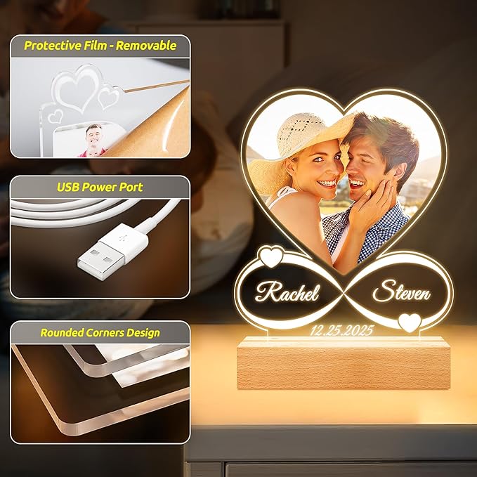 Custom Picture Frames with Photo, Custom Photo Frame with Night Light, Personalized Picture Frame, Personalized Christmas Anniversary Birthday Gifts for Women Men Him Her Girlfriend Boyfriend Couple