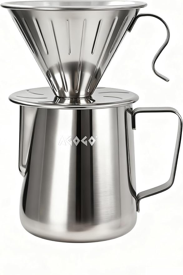AGOGO Portable Pour Over Coffee Maker V60 Set - Easy Cleaning Compact 304 Stainless Steel Dripper for Camping & 50 Filters Paper & Cleaning Rag Silvery 20 oz