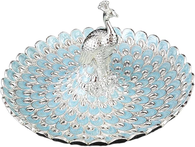 Fruit Plate Serving Tray Household Peacock Decorative Cosmetic Tray for Makeup Desk Dressing Table Dessert Candy Coffee Table, Silver Blue