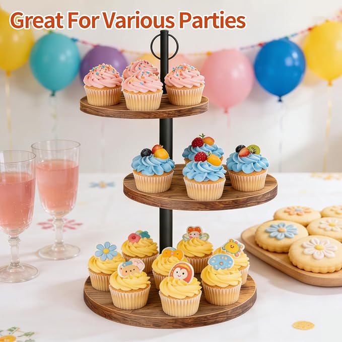 Cupcake Stand, 3 Tier Cake Stands Rustic Dessert Table Display Set Wood Cupcake Tower Cake Stand Tiered Tray Stand for Wedding Birthday Baby Shower 2 Pack