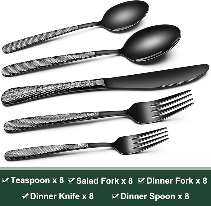 Black Hammered Silverware Set, 40-Piece Stainless Steel Heavy Duty Flatware Set for 8, Food-Grade Tableware Cutlery Set, Utensil Sets for Home Restaurant, Mirror Finish, Dishwasher Safe