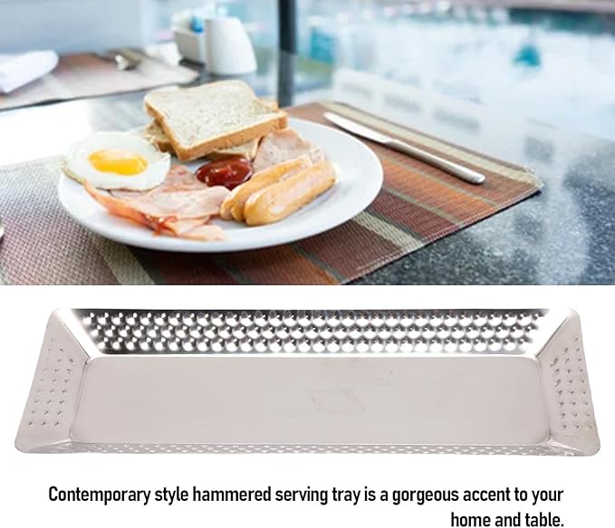 Stainless Steel Rectangular Serving Tray, Multipurpose Silver Decorative Platters, 9.8 x 4.3 x 0.6 Inch for Vanity Platter Kitchen Bathroom Counter Storage Counter Organizer