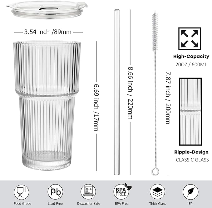 ALINK 20 oz Ribbed Glass Tumbler with Lids and Straws, Ripple Iced Coffee Cups, Thickened Drinking Glasses for Coffee, Smoothies, Cocktail, Juice, Cold Drinks, Pack of 2 - Clear