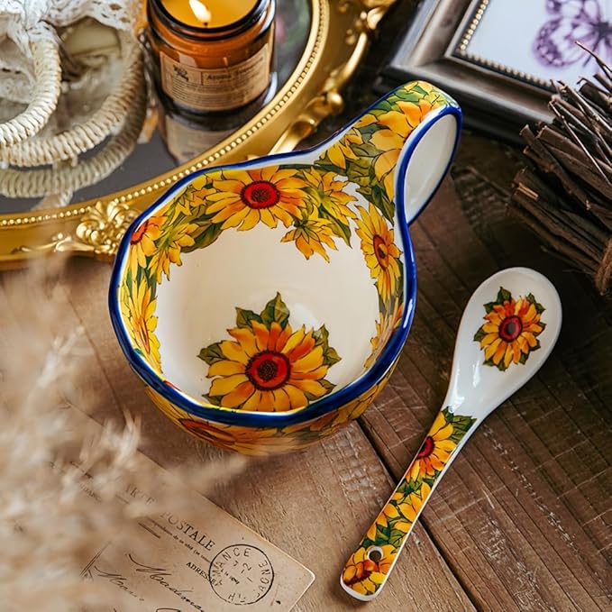 16.91oz/500ml Handpainted Soup Bowl with Handle,Ceramic Cereal Bowl Microwave &Dishwasher Safe,Loop Handle Bowl Great for Soup,Yogurt,Snack,Chip,Stew,Ice Cream,Coffee (Sunflower)