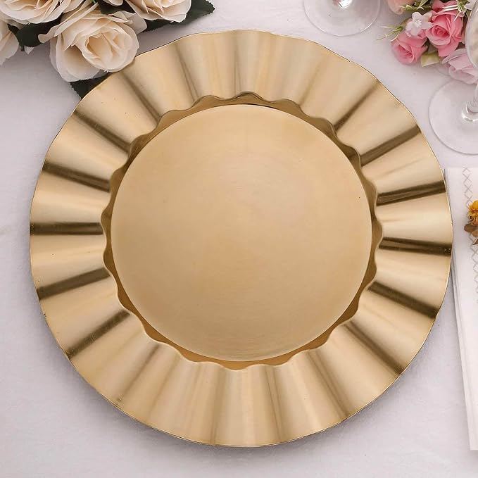 Efavormart 6 Pack | 13" Gold Acrylic Plastic Dinner Plate Chargers With Gold Brushed Wavy Scalloped Rim