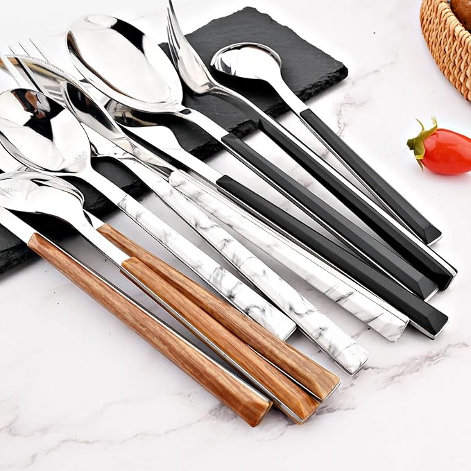 24Pcs White Imitation Marble Pattern Handle Flatware Silverware Set, Stainless Steel Cutlery Set for 6, Square Handle Eating Utensils, Mirror Polished for Home Kitchen Bar Restaurant