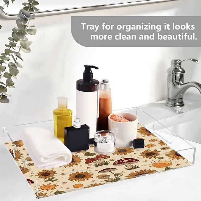 Serving Tray with Handles Clear Acrylic Tray 12x16 Inch Decorative Rectangular Tray Organizer for Ottoman Coffee Table Bathroom Autumn Mushrooms Sunflower Yellow