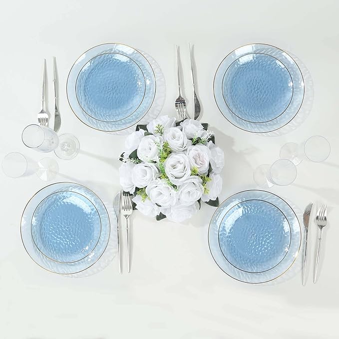 Efavormart 10 Pack | Transparent Dusty Blue Hammered 7" Round Plastic Dessert Appetizer Plates With Gold Rim, Disposable Salad Party Plate