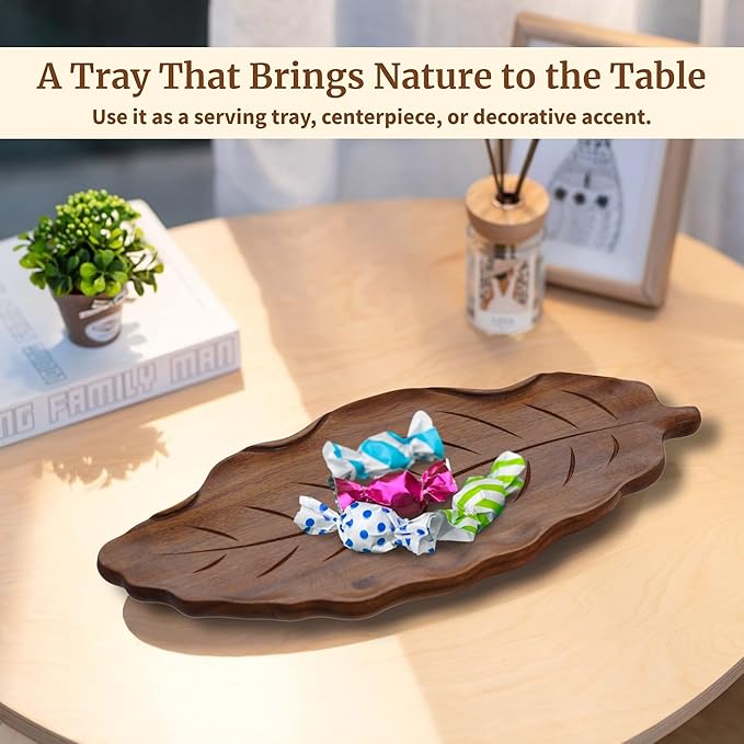 Acacia Wood Decorative Tray - 14" Serving Tray for Candles, Perfume, Leaf Wooden Jewelry Tray Trinket Dish - Farmhouse Table Centerpiece - Wooden Trays for Coffee Table Wedding Home Decor