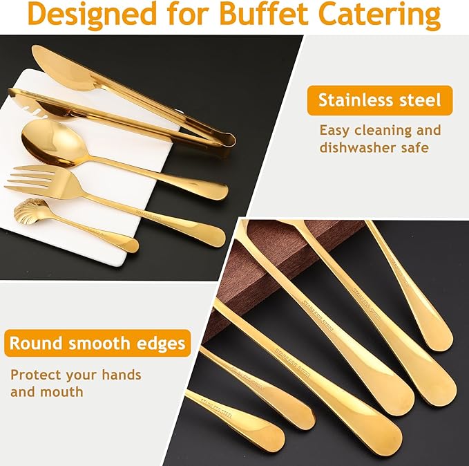 Gold Serving Utensils,12 Pcs Stainless Steel Serving Utensils Set with Slotted Spoons,Serving Spoons,Forks,Tongs,Butter Knife,Soup Ladle,Pie Server,Buffet Serving Utensils for Parties Wedding