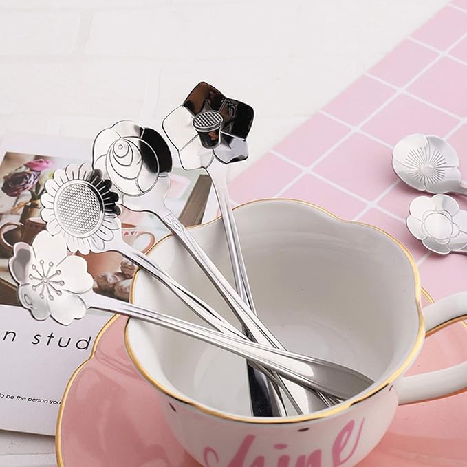 Flower Spoon Coffee Teaspoon Set, PBIEHSR Stainless Steel Two Different Lengths Spoon for Tea Party Decorations(Silver)