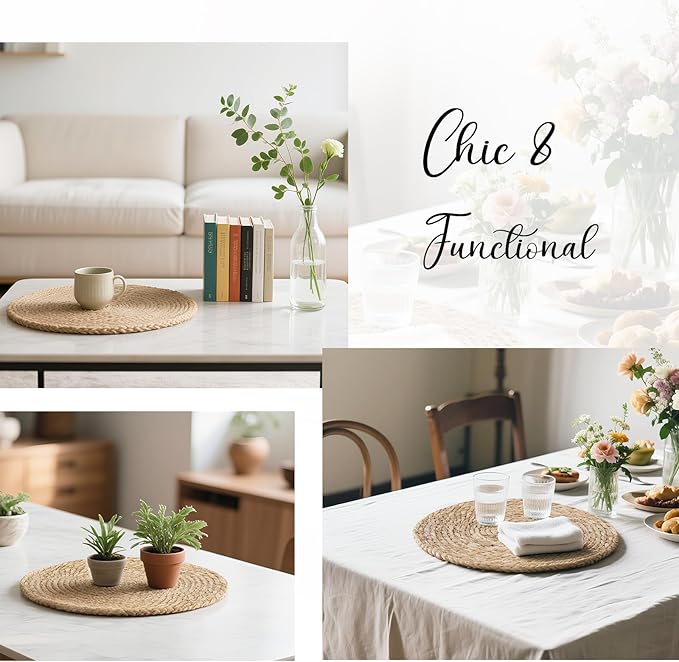 13 Inch Woven Placemats Set of 24, Boho Round Place Mats for Dining Table Decor, Rustic Jute Chargers for Dinner Plates, Outdoor Patio, Farmhouse Wedding, Water Hyacinth Wicker Rattan Braided Placemat