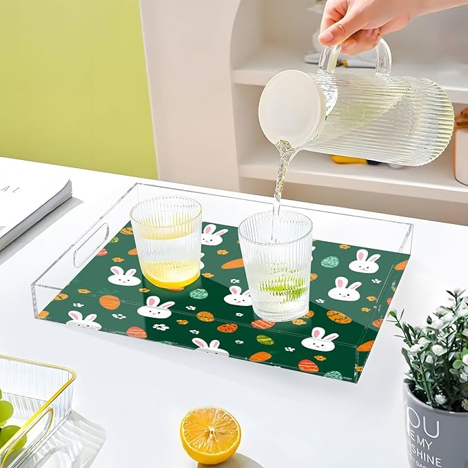 Serving Tray with Handles Clear Acrylic Tray 12x16 Inch Decorative Rectangular Tray Organizer for Ottoman Coffee Table Bathroom Deep Green Easter Rabbit Eggs Carrots