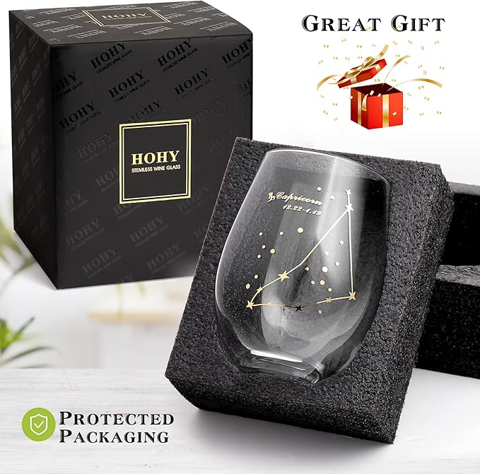 HOHY Capricorn Zodiac Wine Glass 20 Oz, Capricorn Zodiac Birthday Horoscope Gifts for Women, Birthday Wine Glass Astrology Constellation Christmas Gifts for Women, Constellation Wine Glasses Golden