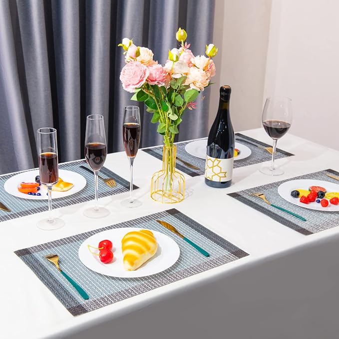 Placemats,PlasticVinyl Washable Heat-Resistant Durable PVC Non-Slip Woven for Kitchen Dining Table Mats (Set of 4, Blue Silver)