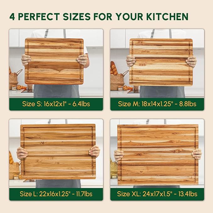 BEEFURNI Teak Wood Cutting Board with Juice Groove Hand Grip (M, 20x15x1.25"), Durable Wooden Cutting Boards for Kitchen, Butcher Block, Serving & Charcuterie Board, Christmas Gifts, 1-year Warranty