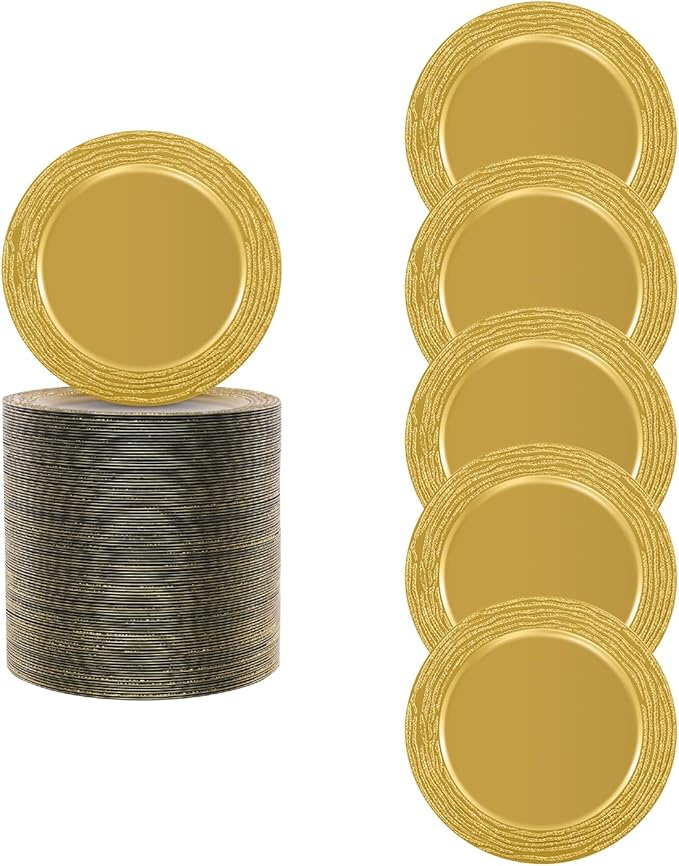 100 Pcs Antique Charger Plates Bulk 13 Inch Embossed Rim Plastic Party Dinner Plate Chargers Round Decorative Server Plate for Wedding Party Event Tableware (100pcs-gold10)