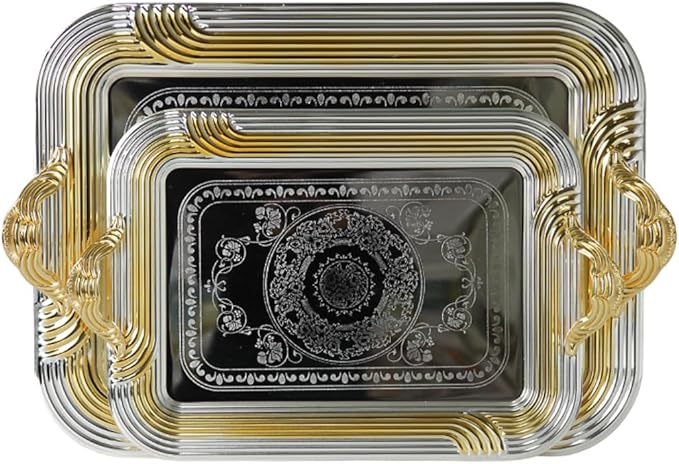 Middle Eastern Iranian Persian Turkish Serving Tea Fruit Nuts Tray 2-Piece Set 18"+14" Rectangle Silver Gold Plated Stainless Steel
