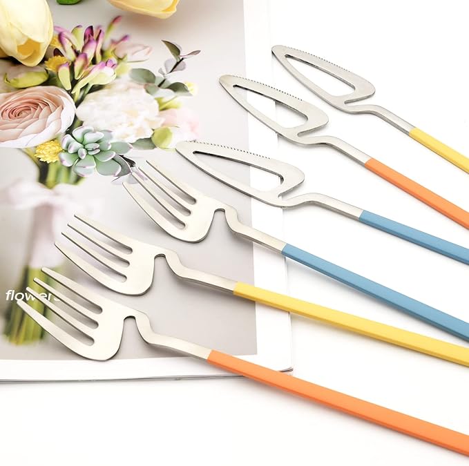 24pcs Household Cutlery Set, Matte Metal 18/10 Stainless Steel kitchen Utensils With Nice Coloured Handles For 6 People, Gift Box Packaged (Yellow Silver)