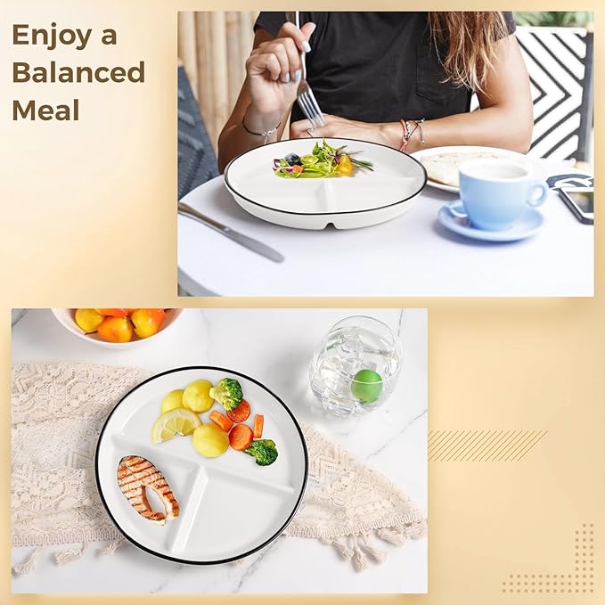 OMISTAR 2 Pcs Portion Control Plates, 9.3" Ceramic Divided for Adults, Porcelain Dinner Diet, White for Balanced Meals, Diabetes and Weight Loss