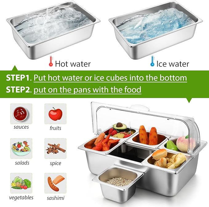 2 Pack Countertop Food Serving Display Container Stainless Steel Food Serving Tray Buffet Condiment Dispenser Display Rack with Clear Roll Top Cover for Buffet(6 Pan and 6 Pan)