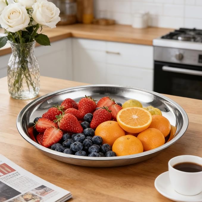 10 PCS Stainless Steel Round Serving Tray, 12 Inch Large Silver Plates Silver Serving Platter, Stainless Steel Silver Tray Decorative, Round Metal Tray for Food, Coffee Table, Party, Club, Home