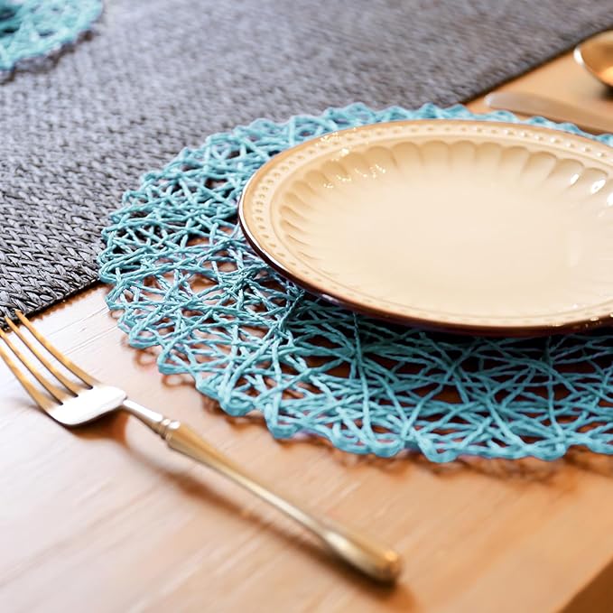 AHHFSMEI Paper Braided Round Placemats Set of 6 Natural Non-Slip Heat Resistant Table Mats for Dining Tables Woven Indoor Outdoor Place mats(Light Blue)