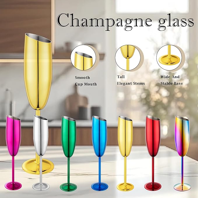 Champagne Flutes Set of 2, Premiumty Stainless Steel High Footed Champagne Glasses, 7oz Capacity,Unbreakable Slanted Champagne Glasses