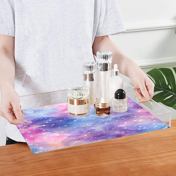 Serving Tray with Handles Clear Acrylic Tray 12x16 Inch Decorative Rectangular Tray Organizer for Ottoman Coffee Table Bathroom Tie Dye Dots and Stars