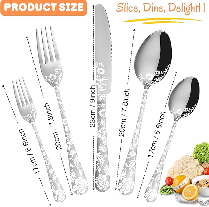 Vilihkc 20 piece Peony Flower Pattern Design Silverware Set, Stainless Steel Flatware Set Service for 4, Silver Cutlery Set, Mirror Polished Utensil Set for Kitchen, Dishwasher Safe