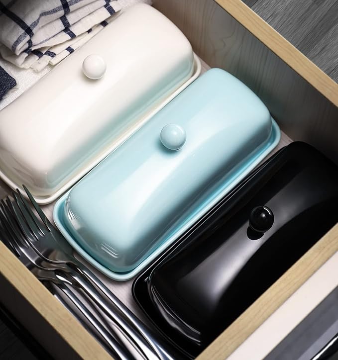 Nucookery Porcelain Butter Dish - Clean Table Design - Ceramic Butter Dishes with Lid for Countertop with Raised Non-Slip Strip - Holds 1 Standard Butter Stick - Easy to Clean & Dishwasher Safe. White