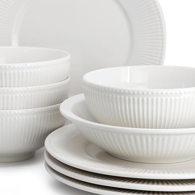 Elama Kate 16 Piece Textured Trim Double Bowl Porcelain White Dinnerware Set, Serveware, Tableware, Bowls, Plate Set (Kate)