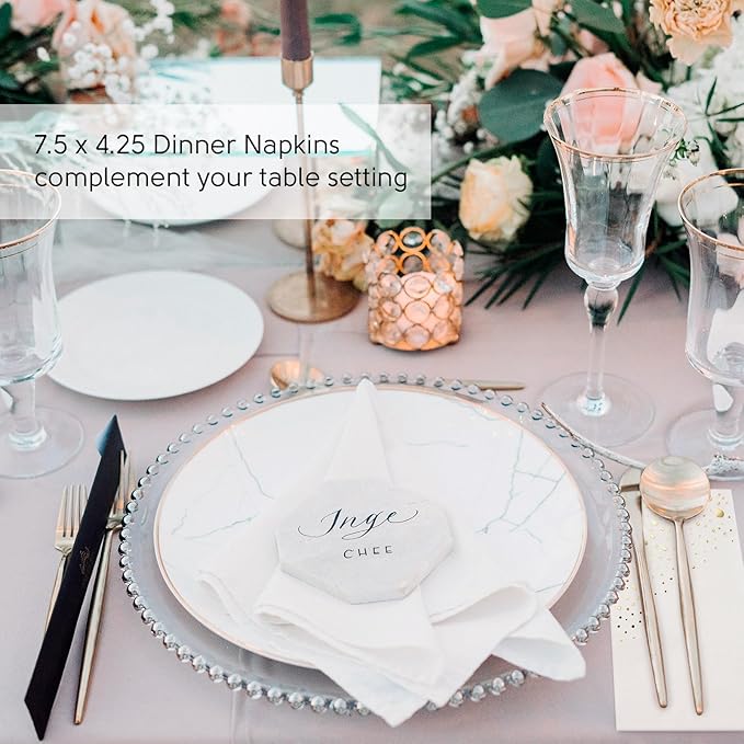 Stylish Gold Dinner Napkins, Disposable White and Gold Napkins, 100 Pack Party Napkins, 7.5 x 4.25 Inch Wedding Napkins for Reception, 3-Ply Paper Dinner Napkins for Wedding Reception