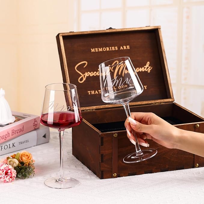 2025 Mr & Mrs Wine Glasses Gift Set with VINTAGE Memory Box – Engagement, Wedding & Newlywed Gifts for Couples, Just Engaged Gifts for Women, Christmas Couple Present
