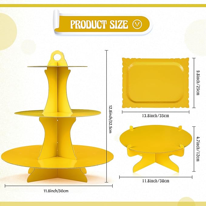 Zopeal 7 Pcs Dessert Table Display Set 3-Tier Cupcake Stand 1-Tier Cup Cake Display Tower Platters and Serving Trays Cardboard Cake Cookie Holders for Wedding Birthday Party Baby Shower(Yellow)