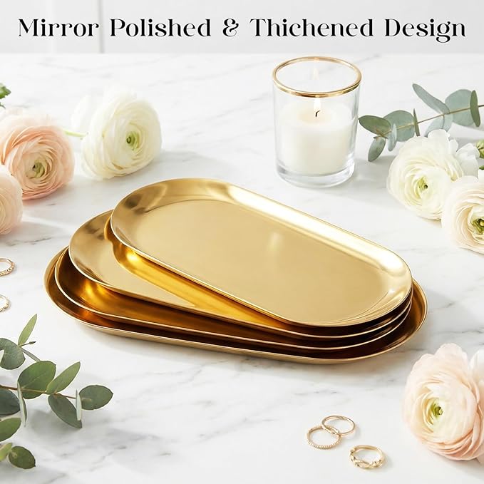 10 PCS Stainless Steel Gold Trays Serving Platters Set Bathroom Vanity Tray Decorative Jewelry Dish Small Metal Organizer Oval Storage for Perfume Trinket Buffet Snack Key