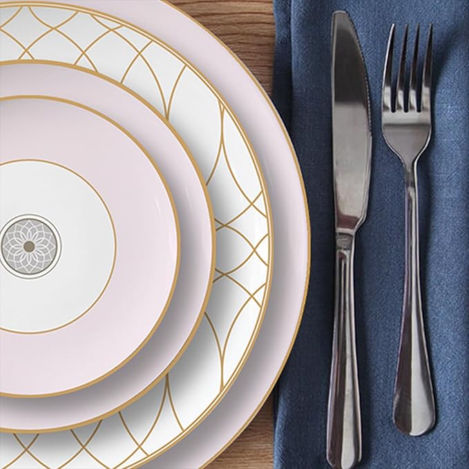 gold trim dinnerware set service for 4, 16 pieces pink and white ceramic plate set, luxury bone china dishes sets for wedding, anniversary, fine dining present