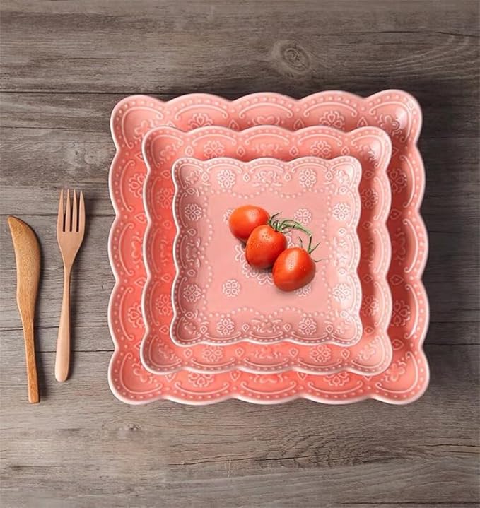 Eplze YBK Tech Elegant Square Embossed Lace Plate Bone China Dessert Plate Ceramic Plate for Breakfast Afternoon Tea (Pink, 10-inch)