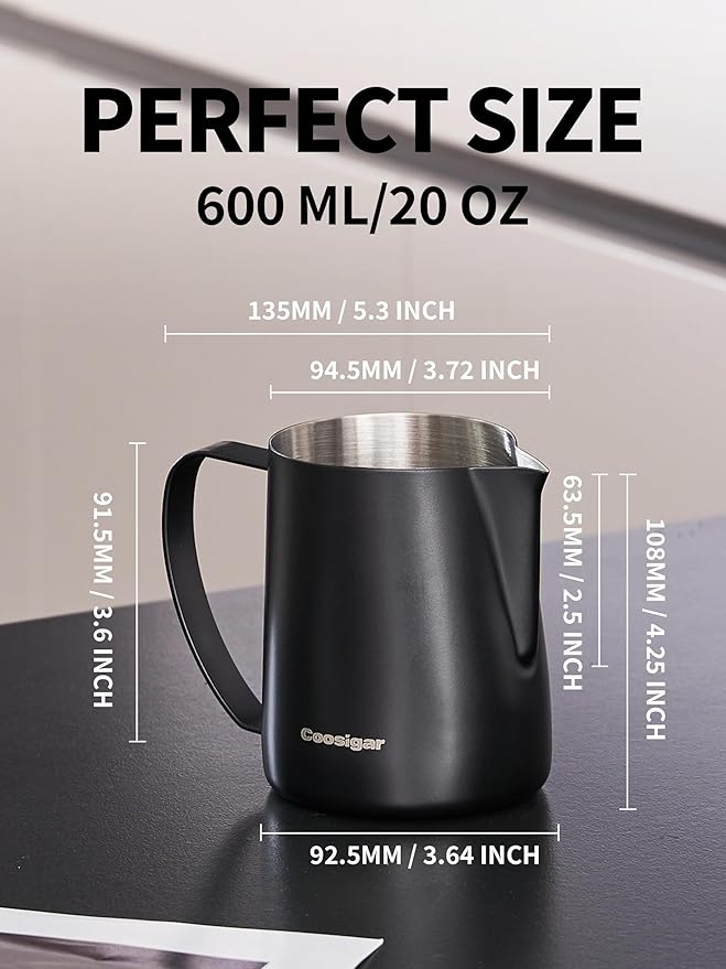 Milk Frothing Pitcher 600ml/20oz,304 Stainless steel Espresso Steaming Pitcher,milk frother cup,Milk Jug Cup,Latte Art(black)