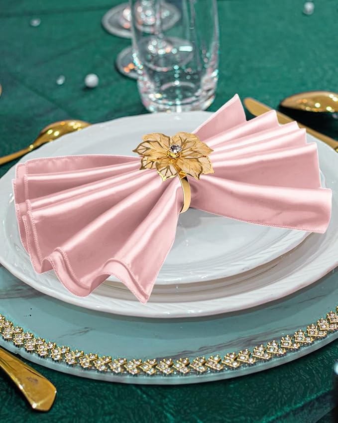 CROWN GUIDE 12 Pack Gold Napkin Rings and Cloth Napkins Set of 6, 17x17 Satin Cocktail Napkins Bulk Table Napkins Holder for Wedding Reception Personalized Napkins Bridal Shower for Party Decorative