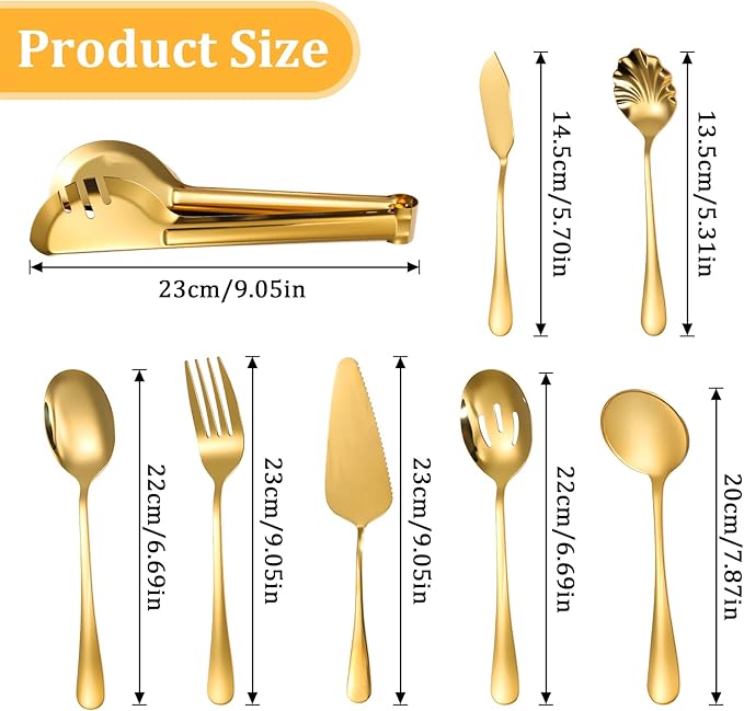 12PCS Gold Serving Spoons Utensils, Stainless Steel Flatware Cutlery with Serving Slotted Spoon Forks Soup Ladle Tongs Pie Server Butter Knife for Home Restaurant Buffet Catering Banquet Party