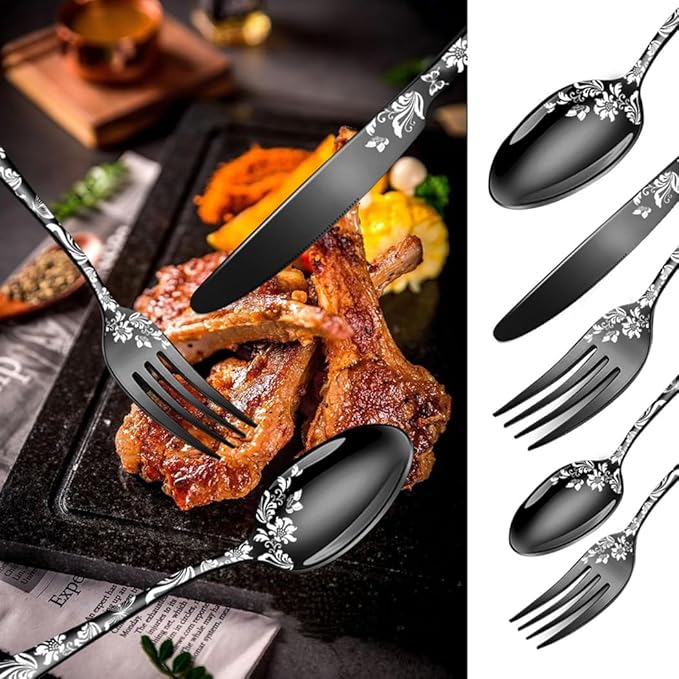 XIAOYU 5 Pieces Silverware Set, Black Flatware Set, Stainless Steel Mirror Polished Cutlery Set, Spoons Forks Knives Set with Unique Floral Laser, Gold