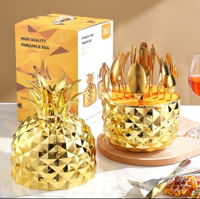 24 pcs Pineapple Egg Shape Cutlery Sets | Gold Sliver Stainless Steel Flatware Set 6 Dinner Spoons, 6 Dinner Forks, 6 Tea Spoons, 6 Butter Knives