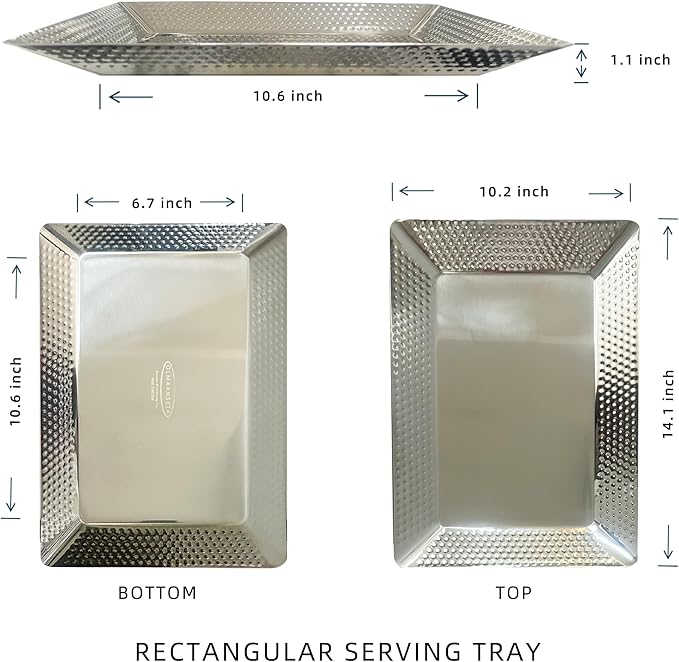 Stainless Steel Rectangular Serving Tray,Multipurpose Hammered Silver Large Decorative Platters,Organizer Tray for Kitchen Or Bathroom
