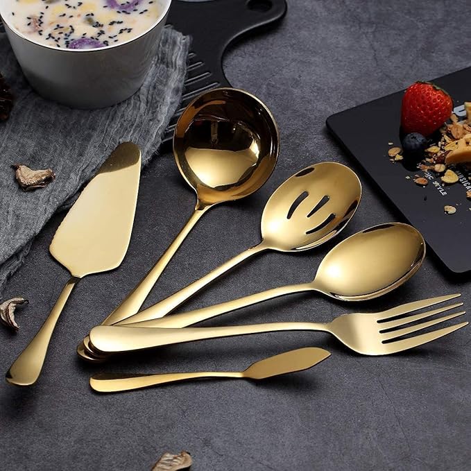 6-Piece Serving Flatware Silverware Set, Serving Utensil Set,Include Cake Server, Slotted Serving Spoon Gold