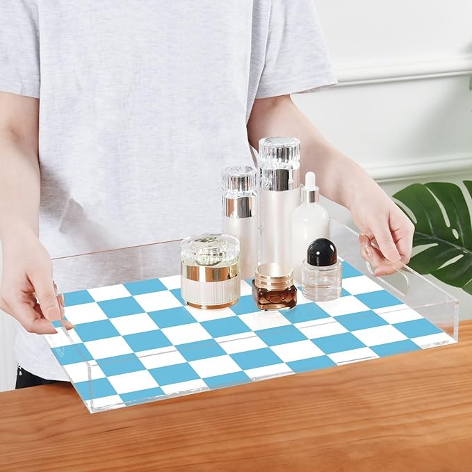 Serving Tray with Handles Clear Acrylic Tray 12x16 Inch Decorative Rectangular Tray Organizer for Ottoman Coffee Table Bathroom Checkered Blue and White