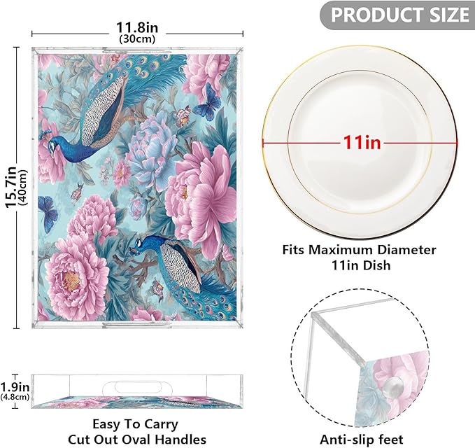 Serving Tray with Handles Clear Acrylic Tray 12x16 Inch Decorative Rectangular Tray Organizer for Ottoman Coffee Table Bathroom Light Blue Peacock Butterflies and Flowers