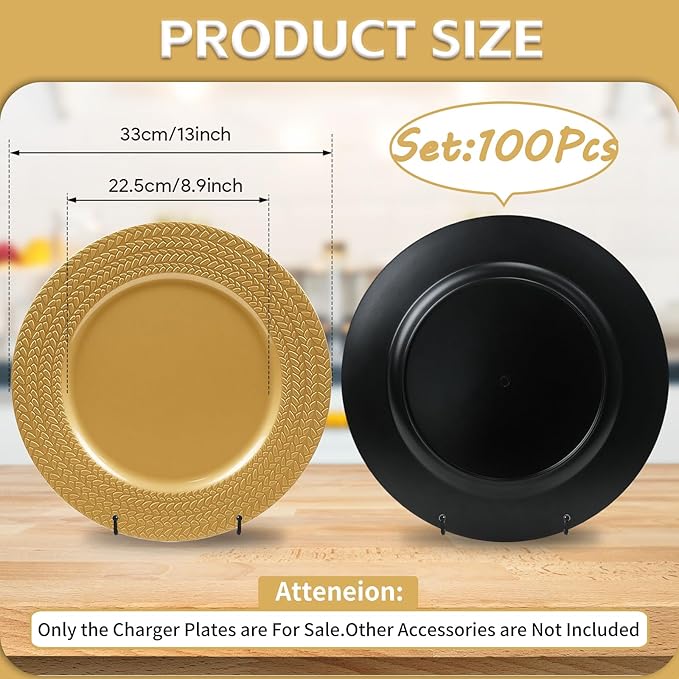 PROY 100 Pcs Gold Charger Plates Bulk,13 Inch Leaf Trim Antique Charger Plate, Plastic Reusable Round Charger Platters for Table Setting, Wedding, Party, Event