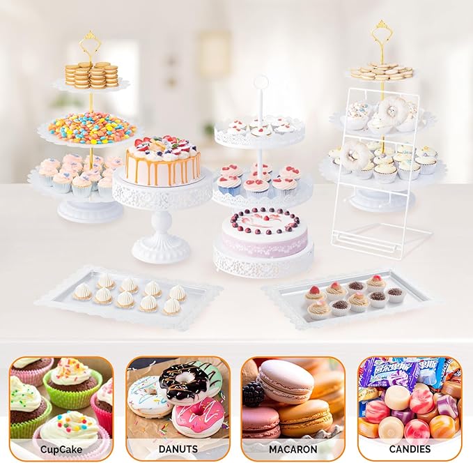 ROVSUN 12PCS Dessert Table Display Set, Metal Cake Stand Set with Donut Stand, Tiered Cupcake Holder Fruit Candy Plate with Cutting Knife Serving Tongs for Wedding, Birthday Party Baby Shower, White