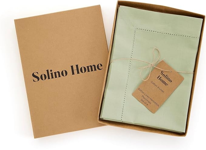 Solino Home Sage Placemats Set of 4 - Cotton Linen Hemstitch Placemats 14 x 19 Inch for Spring, St Patricks Day, Easter